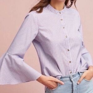 Anthropologie Maeve Button Down Striped Flare Sleeves Size 8